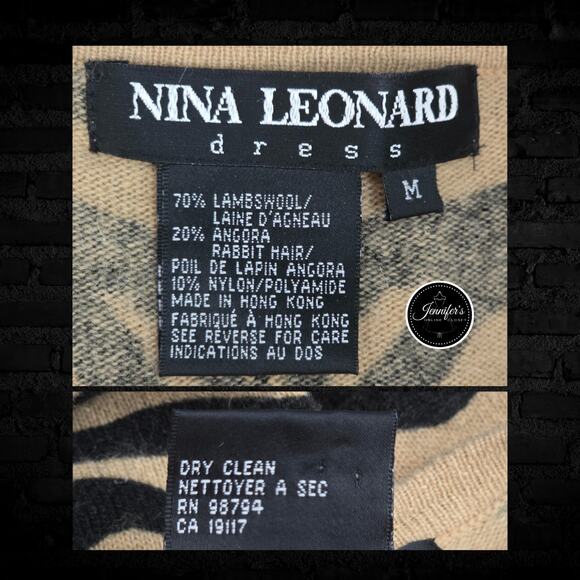 Nina Leonard Dress Black & Tan Lambswool Angora Animal Print Cardigan Size M - Picture 6 of 8